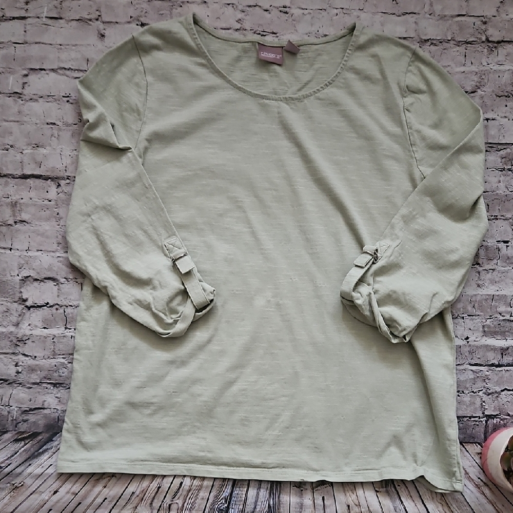 Chico's Green Roll Tab Sleeves Shirt Top Size 2(L)